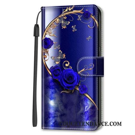 Housse Samsung Galaxy S24 5G Roses Bleues et Papillons Dorés à Lanière