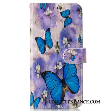 Housse Samsung Galaxy S24 FE Fleurs Violettes et Papillons Bleus