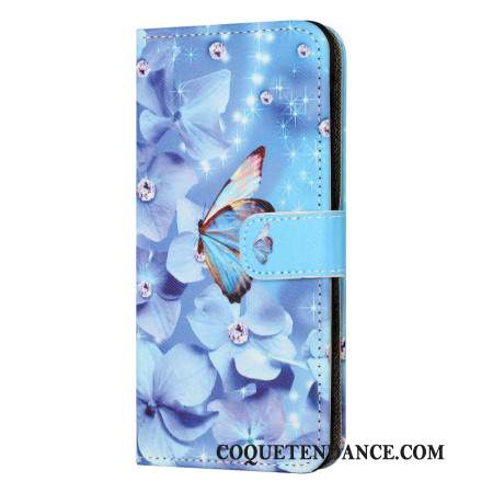 Housse Samsung Galaxy S24 FE Fleurs et Papillons Bleus à Lanière