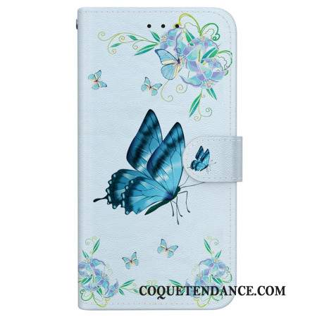 Housse Samsung Galaxy S24 FE Papillon Bleu et Fleurs à Lanière