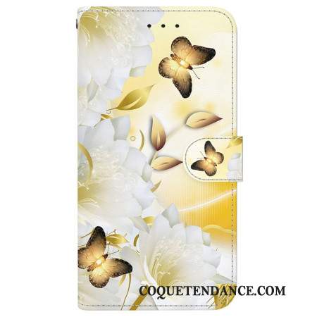 Housse Samsung Galaxy S24 FE Papillons Dorés et Fleurs Blanches