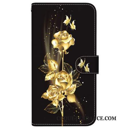 Housse Samsung Galaxy S24 FE Papillons Dorés et Roses à Lanière