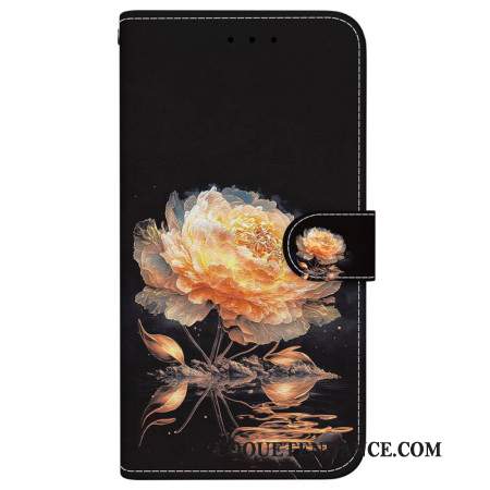 Housse iPhone 16 Pivoine Dorée à Lanière