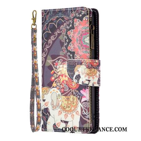 Housse iPhone 16 Plus Portefeuille Éléphant Tribal à Lanière