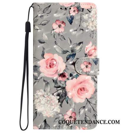 Housse iPhone 16 Pro Fleurs Roses sur Fond Gris à Lanière