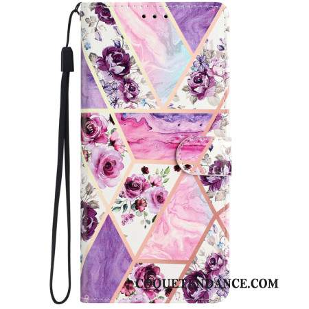 Housse iPhone 16 Pro Fleurs Violettes à Lanière